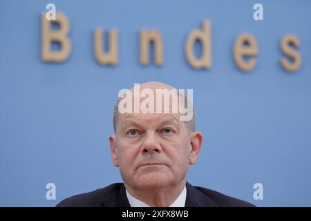 OLAF Scholz, Bundeskanzler, SPD, PK zu - Bundeshaushalt 2025, DEU, Berlino, 05.07.2024 *** Olaf Scholz, Cancelliere federale, SPD, conferenza stampa sul bilancio federale 2025, DEU, Berlino, 05 07 2024 Foto Stock