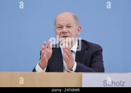 OLAF Scholz, Bundeskanzler, SPD, PK zu - Bundeshaushalt 2025, DEU, Berlino, 05.07.2024 *** Olaf Scholz, Cancelliere federale, SPD, conferenza stampa sul bilancio federale 2025, DEU, Berlino, 05 07 2024 Foto Stock