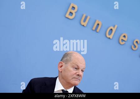 OLAF Scholz, Bundeskanzler, SPD, PK zu - Bundeshaushalt 2025, DEU, Berlino, 05.07.2024 *** Olaf Scholz, Cancelliere federale, SPD, conferenza stampa sul bilancio federale 2025, DEU, Berlino, 05 07 2024 Foto Stock