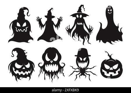 Set di elementi decorativi di halloween silhouette. Fantasmi spaventosi, volto di zucca, strega e mostri Illustrazione Vettoriale