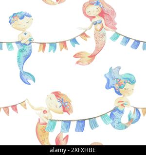 Sirene è una bambina e un ragazzo con le bandiere garland festive. Illustrazione ad acquerello disegnata a mano con colori pastello turchese, blu, corallo, rosa Foto Stock