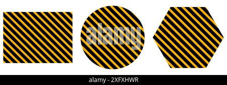 Avvertenza sfondo rettangolare, circolare e poligono con strisce. Strisce nere e gialle sulla diagonale. Illustrazione Vettoriale