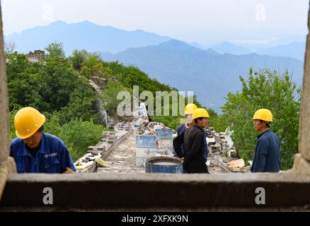 (240705) -- PECHINO, 5 luglio 2024 (Xinhua) -- i riparatori lavorano nella sezione Jiankou della grande Muraglia a Pechino, capitale della Cina, 2 luglio 2024. Quarant’anni fa, a Pechino è stata lanciata una campagna per proteggere la grande Muraglia con l’aiuto dei fondi sociali. Oggi le forze sociali svolgono ancora un ruolo cruciale nella protezione e nel restauro della grande Muraglia. Un progetto di restauro in corso della sezione Jiankou della grande Muraglia adotta un approccio "archeologia e restauro simultaneo", dove i lavori archeologici vengono completati su una sezione prima dell'inizio del restauro. Il progetto di restauro, con Foto Stock