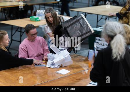 Processo di verifica e conteggio delle urne in corso per le elezioni generali del Parlamento britannico del 2024 a Southend on Sea, Essex, Regno Unito. Schede elettorali dalla scatola Foto Stock