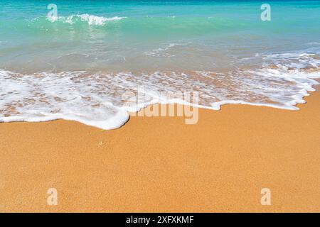 Onde delicate con schiuma bagnate sulla spiaggia sabbiosa con acqua turchese limpida, creando un ambiente balneare sereno e rilassante, copia spazio Foto Stock