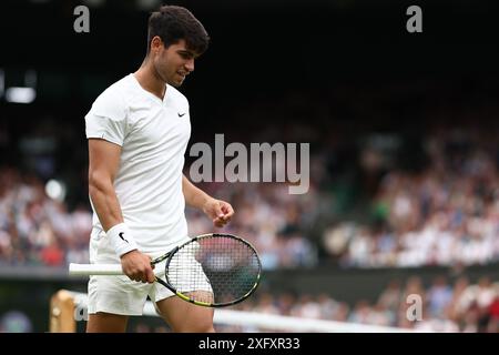 Londra, Regno Unito. 5 luglio 2024. 5 luglio 2024; All England Lawn Tennis and Croquet Club, Londra, Inghilterra; Wimbledon Tennis Tournament, 5° giorno; Carlos Alcaraz (ESP) celebra un punto durante il suo terzo turno contro Frances Tiafoe (USA) Credit: Action Plus Sports Images/Alamy Live News Foto Stock