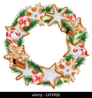 Corona di pan di zenzero di Natale con acquerello con caramelle e biscotti, canna da zucchero. Corona disegnata a mano per le vacanze natalizie, rami di alberi di Natale. Foto Stock