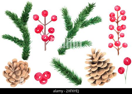 Rami e coni di pino acquerello isolati su sfondo bianco. Clipart delle decorazioni natalizie. Set floreale per scrapbooking, biglietti d'auguri, inviti Foto Stock