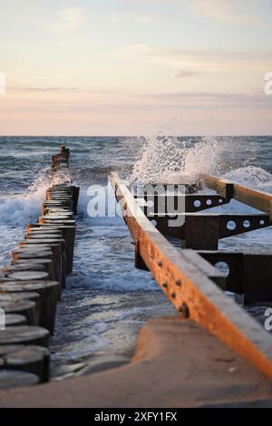 Buhne e costruzione di legname sulla spiaggia del Mar Baltico di Kühlungsborn nel Meclemburgo-Vorpommern, Germania Foto Stock