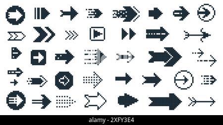 Frecce nere a 8 bit. Icone del puntatore di navigazione quadrato retro, simboli di direzione del cursore pixel retro 90s, raccolta vettoriale retro a 8 bit. Illustrazione Vettoriale