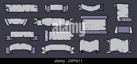 Papiro pixel. Antico foglio di pergamena pixel con bordi strappati, rotolo di carta vintage retrò con messaggio manoscritto vuoto del cartone animato. Pixel sprite vettoriale Illustrazione Vettoriale