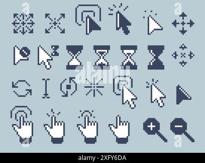 Cursori retrò. Puntatore freccia cursore mano icone clic con il dito del mouse, elementi della tecnologia informatica degli anni '90 per la progettazione di siti Web e app. Retrospettiva vettoriale Illustrazione Vettoriale