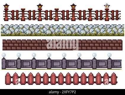 Pattern di recinzioni pixel. Bordo e bordo di un videogioco vecchio stile retrò a 8 bit con motivo di recinzione senza cuciture, pannello in legno dei cartoni animati. Fence pixel vettoriale Illustrazione Vettoriale
