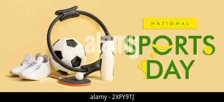 Diverse attrezzature sportive sullo sfondo beige. Banner per la giornata nazionale dello sport Foto Stock
