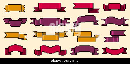 Nastri pixel. Nastri retrò a 8 bit, una risorsa di gioco vintage, una cornice bianca per bandiere e un'etichetta per il design del gioco. Isolamento vettoriale Imposta la barra multifunzione dei pixel colorati Illustrazione Vettoriale