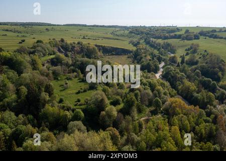 Vista delle foreste della bassa catena montuosa di Harz, Michwald, vecchia miniera a cielo aperto, Hüttenrode, Sassonia-Anhalt, Germania Foto Stock