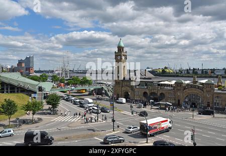 Europa, Germania, città anseatica di Amburgo, presso St. Pauli Landungsbrücken, Elba, stazione della metropolitana di accesso alla stazione S-Bahn, Crossing, ciclista, biciclette, Panorama Foto Stock