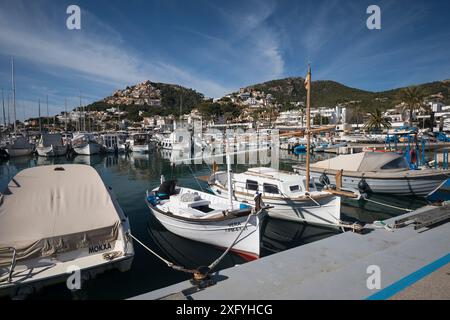 Barche da pesca e yacht nel porto, Port d'Andratx, regione Serra de Tramuntana, Maiorca, Isole Baleari, Spagna, Europa Foto Stock