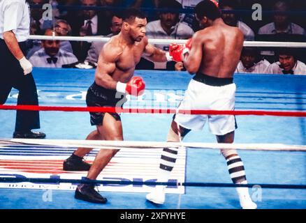 Mike Tyson mette al tappeto Michael Spinks nel primo round del loro match per il titolo dei pesi massimi. Foto Stock