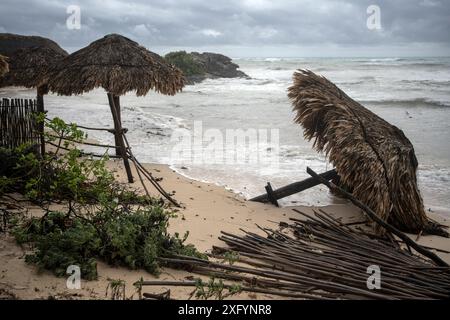 Tulum, Messico. 5 luglio 2024. Gli ombrelloni si trovano sulla spiaggia dopo il passaggio dell'uragano Beryl. I forti venti dell'uragano hanno rovesciato alberi, piloni elettrici e case coperte. Secondo il capo della difesa civile messicana Velazquez, il 50% del potere fu tagliato a Tulum, tra gli altri luoghi. Crediti: Felix Marquez/dpa/Alamy Live News Foto Stock