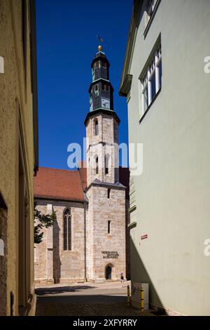 Kornmarktkirche die unter Denkmalschutz stehende Kornmarktkirche ist eine der zwölf mittelalterlichen Kirchbauten in der thüringischen Stadt Mühlhausen. MIT dem Bau der Kirche St. Crucis des ehemaligen Franziskanerklosters wurde im 13. Jahrhundert begonnen. Heute Dient Die Kirche als Bauernkriegsmuseum. Mühlhausen Thüringen Deutschland *** Kornmarktkirche la Kornmarktkirche elencata è una delle dodici chiese medievali nella città Turingia di Mühlhausen la costruzione della chiesa di San Crucis dell'ex monastero francescano iniziò nel XIII secolo oggi la chiesa funge da pisello Foto Stock