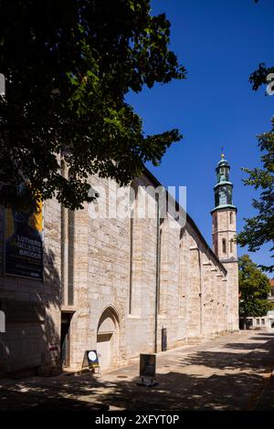 Kornmarktkirche die unter Denkmalschutz stehende Kornmarktkirche ist eine der zwölf mittelalterlichen Kirchbauten in der thüringischen Stadt Mühlhausen. MIT dem Bau der Kirche St. Crucis des ehemaligen Franziskanerklosters wurde im 13. Jahrhundert begonnen. Heute Dient Die Kirche als Bauernkriegsmuseum. Mühlhausen Thüringen Deutschland *** Kornmarktkirche la Kornmarktkirche elencata è una delle dodici chiese medievali nella città Turingia di Mühlhausen la costruzione della chiesa di San Crucis dell'ex monastero francescano iniziò nel XIII secolo oggi la chiesa funge da pisello Foto Stock