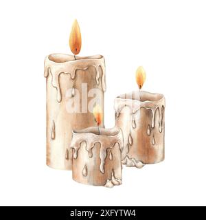 Bruciare candele di cera con il fuoco. Illustrazione ad acquerello disegnata a mano in stile vintage su sfondo isolato. Adatto per Halloween, matrimonio, compleanno, Foto Stock