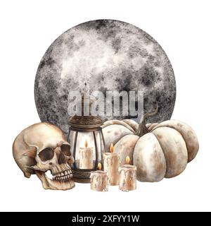 Zucca bianca, antica lanterna in rame con candele di cera, cranio e grande luna. Composizione ad acquerello fatta a mano in stile gotico. Adatto per Halloween Foto Stock