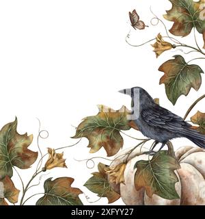 Zucca bianca, corvo nero, foglie di zucca e farfalle. Cornice ad acquerello su sfondo isolato in stile mistico. Adatto per decorazione, carte, Foto Stock