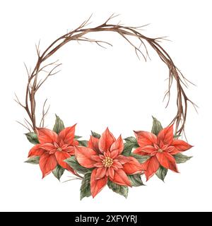 Poinsettia, fiore rosso di Natale e rami di alberi secchi. Corona rotonda ad acquerello in stile vintage su sfondo isolato. Disegno per inviti, b Foto Stock