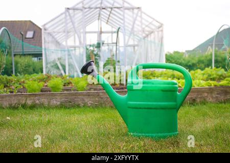Una lattina da irrigazione verde in piedi sul terreno, una piccola serra e piantine di piante giovani sullo sfondo Foto Stock