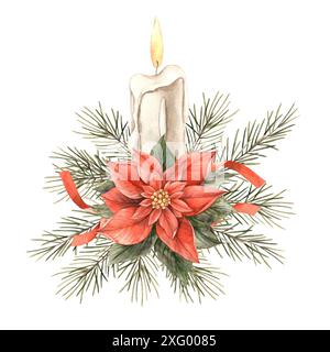 Poinsettia, candela di cera, rami di abete e nastro rosso. Illustrazione ad acquerello in stile vintage su sfondo isolato. Disegno per Natale e New Ye Foto Stock