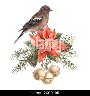 Uccello, rami di abete verde e coni di pino, punta rossa con frutti di Natale. Composizione di acquerello natalizio in stile vintage. Composizione per Foto Stock