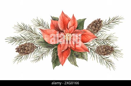 Punta rossa con rami di abete e coni marroni. Composizione botanica acquerello in stile natalizio. Bouquet per le vacanze di Capodanno, inviti, Foto Stock