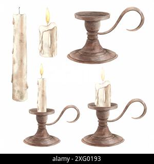 Un set di candele di cera bruciate e candeliere in metallo antico. Illustrazione ad acquerello disegnata a mano su sfondo isolato in stile vintage. Il set è su Foto Stock