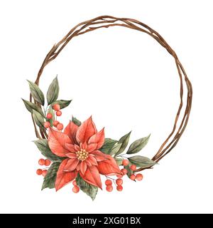 Punta rossa, foglie verdi, bacche rosse e ghirlanda di legno. Corona di Natale con acquerello disegnata a mano in stile vintage. L'immagine è perfetta per le novità Foto Stock