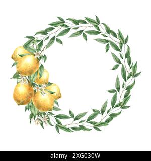 Corona floreale botanica con un ramo di limoni gialli. Illustrazione ad acquerello isolata in stile realistico. Illustrazione disegnata a mano per interni, auto Foto Stock