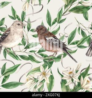 Motivo senza cuciture di rami con foglie verdi e uccelli seduti su sfondo grigio. Disegno ad acquerello isolato in stile realistico. Ripetizione per int Foto Stock