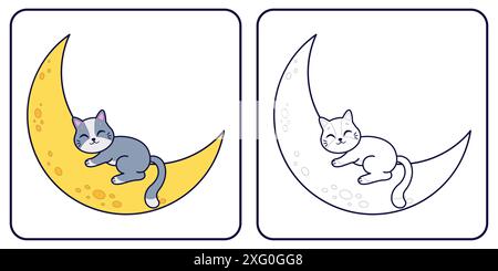 Il gatto grigio dorme sulla luna. Libro di colorazione vettoriale. Illustrazione Vettoriale