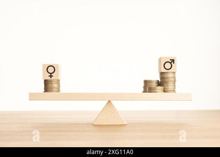 Concetto di divario salariale tra uomini e donne. Blocco di legno con simbolo di genere su monete impilate su una sabuda. Spazio di copia Foto Stock