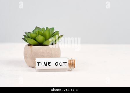 Cactus in una pentola su sfondo grigio, bottiglia di vetro con la frase Time out, equilibrio della vita lavorativa, scrivania in ufficio Foto Stock