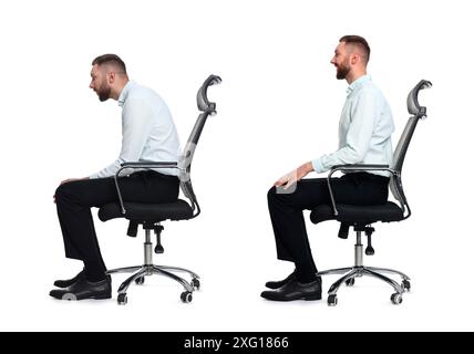Uomo con postura scarsa e buona seduta su una sedia su sfondo bianco, collage di foto Foto Stock
