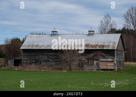 Vecchio fienile di legno sulla QC 132 a Saint-Pierre-les-Becquets, Quebec, Canada Foto Stock