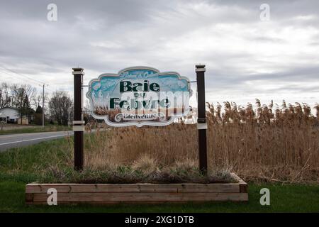 Benvenuto al cartello Baie-du-Febvre sulla QC 132 a Quebec, Canada Foto Stock