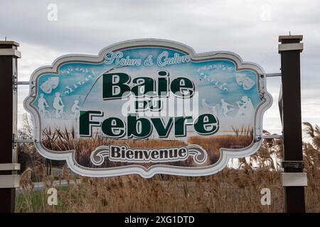 Benvenuto al cartello Baie-du-Febvre sulla QC 132 a Quebec, Canada Foto Stock