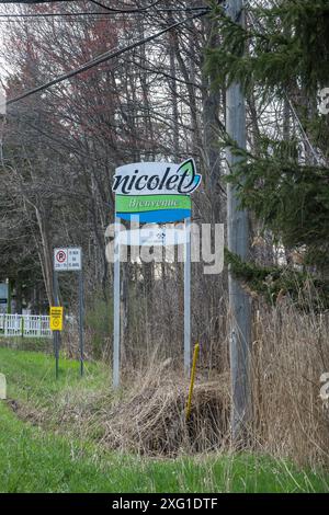 Benvenuto al cartello Nicolet sulla QC 132 in Quebec, Canada Foto Stock