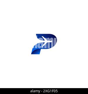 Silhouette dell'aereo all'interno del logo Letter P. Lettera iniziale P con un'icona di aereo. Illustrazione Vettoriale