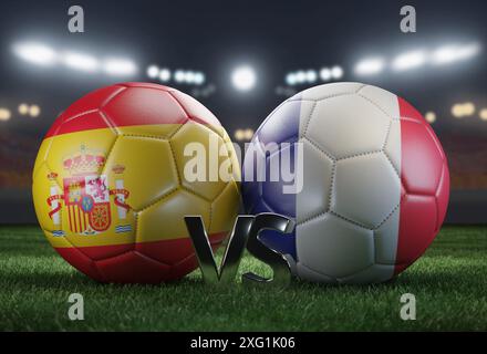 Due palline da calcio con bandiere colorate su sfondo sfocato. Spagna contro Francia. Immagine 3D. Foto Stock