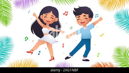 Un paio di bambini che ballano samba con colorate decorazioni brasiliane Illustrazione Vettoriale