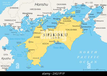 Isola e regione di Shikoku in Giappone con quattro prefetture, mappa politica. E la più piccola delle isole principali del Giappone, a nord-est di Kyushu. Foto Stock